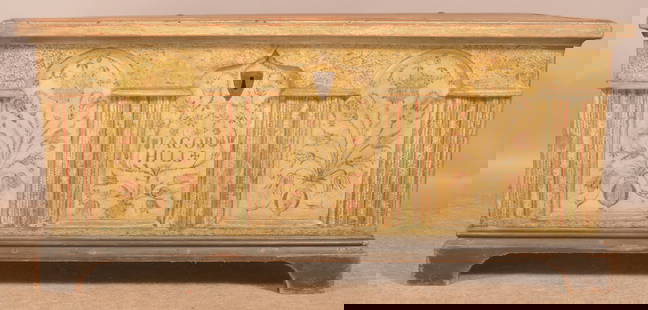 Berks County, PA Painted Softwood Dower Chest.: Windsor Township, Berks County, Pennsylvania, late 18th century, architectural facade, molded lid, interior molded edge till, wrought iron strap hinges with penny ends, iron box lock and drop bail han