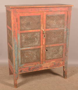 American Painted Softwood Punched-Tin Pie Safe.: 12-pane punched-tin panels, blue-over-red worn paint. 51" H x 39" W x 20" D