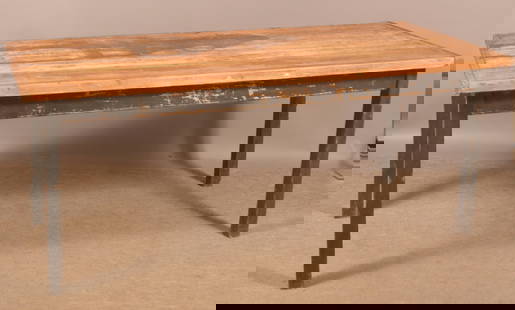 Primitive Mixed Wood Plank-Top Harvest Table.: With trimmed edge, scrubbed top, black-painted skirt and block legs. 31" H x 74" W x 34" D