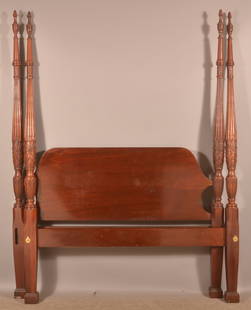 Sheraton-Style Mahogany Poster Bed.: With turned, carved and reeded posts. 87" H x 65" W x 88" L