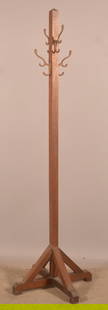 American Oak Arts and Crafts Period Coat Rack.: Iron hooks with angled base supports and block feet. 74-1/2" H x 24" square at base.