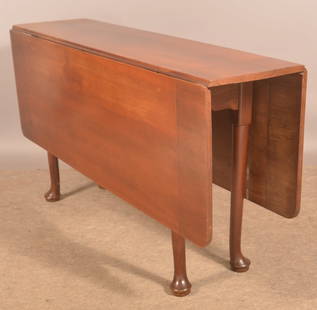 American Queen Anne Drop-Leaf Table.: Cherry gate-leg with banded mahogany ends. 28" H x 14" W x 51-1/2" L. Each leaf measures 18".