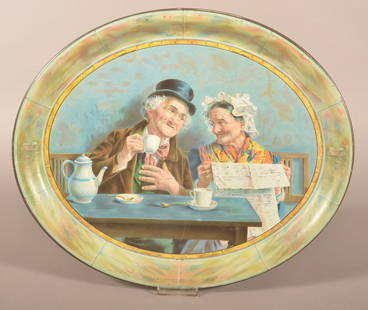 Antique Oval Tin Lithograph Serving Tray.: Depicts an elderly man and woman having tea and a loving gaze. Advertising on back "Chas. E. Glover Staple and Fancy Groceries, Cadiz, Ohio". 13-3/4" H x 16-1/2" W.