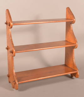 Vintage Bird's Eye Maple & Pine Hanging Shelf.: Shaped and graduated supports with mortised and pegged construction. 24" H x 23" W x 8-1/2" D