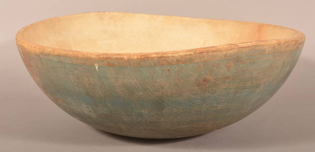 Very Large Antique Painted Wood Butter Bowl.: Original worn blue paint. 9" H x 25" diam.