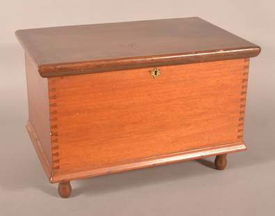 PA 19th Cent. Mahogany Miniature Blanket Chest.: Molded hinged lid, interior till, dovetailed case, molded base trim and turned feet. 14-1/4" H x 21-1/2" W x 14" D