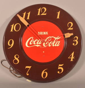 Vintage Coca Cola Metal Wall Clock.: Dated Aug. 1952. Brown border with gold numbers and Coca-Cola red center. 18" diam.