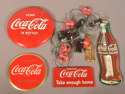 Lot of Vintage Coca-Cola Advertising Items.: Including button signs, thermometers, door push. Light string is modern. Largest thermometer, 17" H x 5-1/4" W.