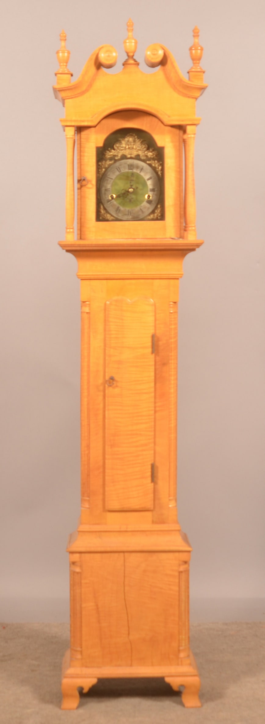 Reproduction Tiger Maple Diminutive Tall Case Clock. (1 of 8)