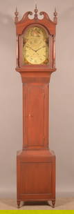 Henry Ober Sheraton Cherry Tall Case Clock.: Elizabethtown, Lancaster County, PA. Broken arch pediment with urn-turned finials on crisscross plinths, ring-turned rosettes and turned column supports. Cove-molded waist with chamfered corners and s