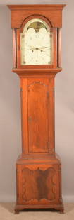 Henry Weigel, Buttstown, PA Tall Case Clock.: (Hanover area, York County, PA). Chippendale mahogany case, flat top with cove-molded cornice, arched-top sidelights, turned and reeded column supports. Cove-molded case with shaped-top pendulum door,