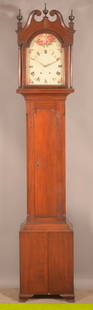 Unsigned Chippendale Walnut Tall Case Clock.: Attributed to Adam Slaybaugh. Broken arch pediment with urn-turned finials with pinwheel inlaid rosettes and checkered inlaid central plinth and turned column supports. Checkered line inlay on base mo