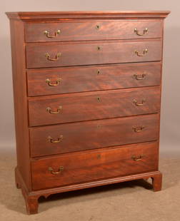 Chippendale Mahogany Semi-Tall Chest of Drawers.: Pennsylvania circa 1790. Molded top with six graduated, lip-molded, dovetailed drawers and molded bracket base. Original brass pulls. 54" H x 42" W x 21" D