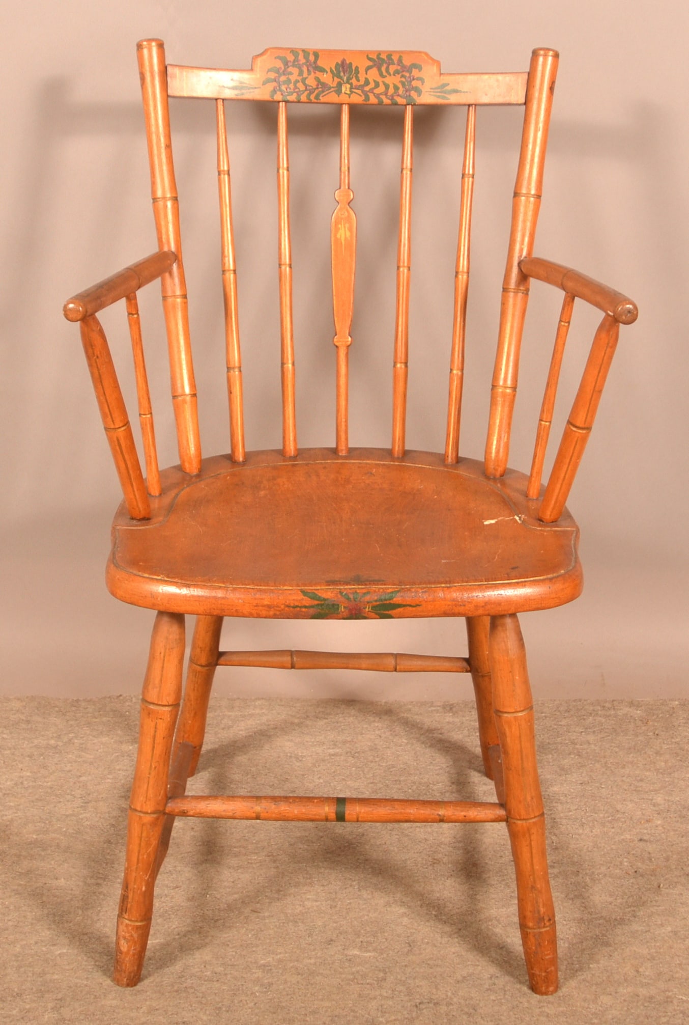 Daniel Stefver Bamboo-Turned Windsor Armchair.: Stamped under seat. Floral hand-painted design. Seat height, 17-1/2" H; 33" H overall.