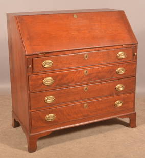 American Hepplewhite Mahogany Slant-lid Desk.: Fitted interior, four full-width, graduated dovetailed drawers and bracket base. 43" H x 42" W x 21-1/2" D