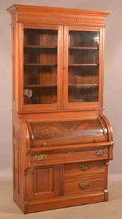Victorian Walnut Cylinder Front Secretary Desk.: American with interior drawers and compartments. 85" H x 44-1/2" W x 18" D