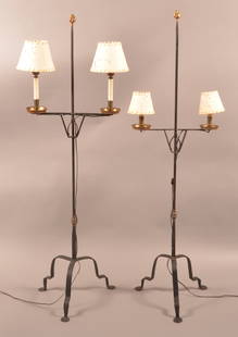 Pair of Brass-Mounted Iron Bridge Floor Lamps.: Sold by Colonial Williamsburg Museum. Good period-style lamps with brass finials, double sockets with brass trays, tapered shafts with brass rings, tripod bases with penny feet. 58-3/4"H and 59-1/2" H