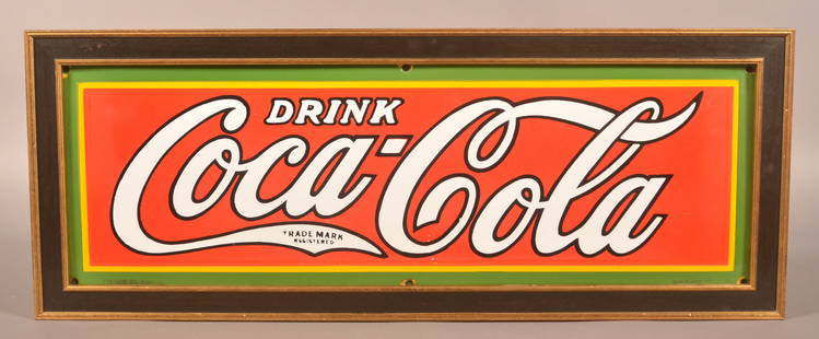 Coca Cola 1929 5-Color Porcelain Strip Sign.: Porcelain enamel "Drink Coca-Cola" Sign. Signed lower left "Tenn. Enamel MFG. Co., Nashville" and lower right "Made in U.S.A. 1929". In a modern custom-made frame, 12-1/2" H x 32-1/2" L overall. (Sign