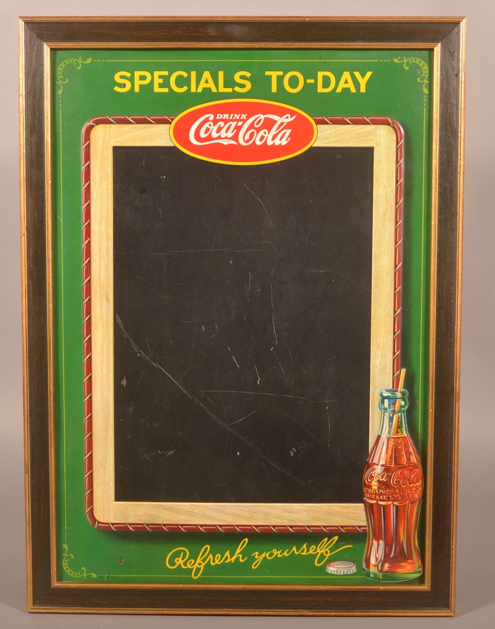 Coca-Cola Tin Lithograph Menu Sign with Bottle. (1 of 5)