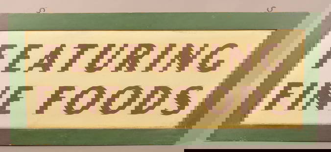 Vintage "Featuring Fine Foods" Painted Sign.: Single-sided Masonite board sign with wood frame. 19" H x 44-1/2" L overall.