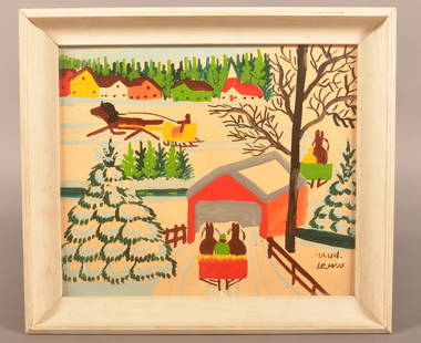 Maud Lewis 1967 Oil on Panel Painting.: Maud Kathleen Lewis (1903-1970). Signed lower right and inscribed in pencil on verso "Summer 1967". Depicting a winter village scene with covered bridge and horse-drawn sleighs. Folk artist Maud Lewis