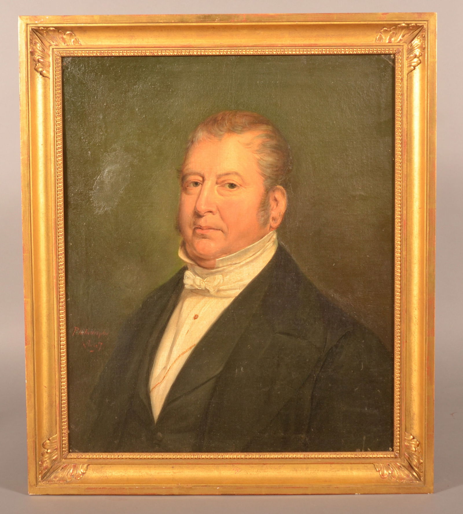 Philadelphia 1847 Portrait of a Gentleman.: School of Thomas Sully oil on canvas portrait of a gentleman wearing formal attire. Image, 25-1/2" x 20-3/4", in a gilt-molded frame, 30" H x 25-1/2" W overall.