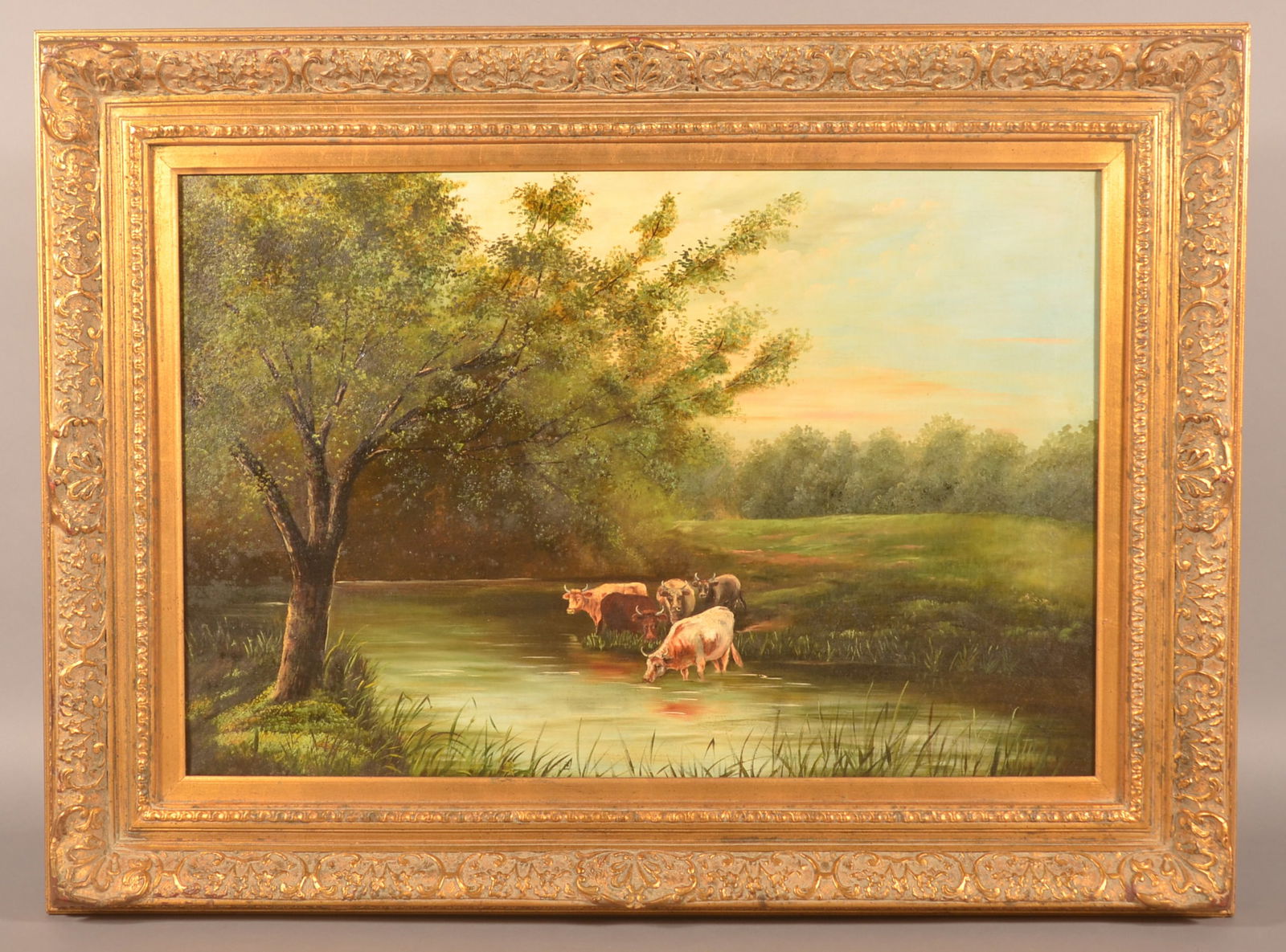 Antique Oil On Canvas Bucolic Landscape Painting. (1 of 4)