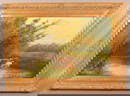 Antique Oil On Canvas Bucolic Landscape Painting.: Unsigned, late 19th century. An oil on canvas painting depicting cattle in a stream in a summer landscape. Sight size: 23" x 35". In a later frame, 34-1/4" H x 46-1/4" W overall.