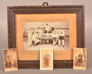 Three Military Musician CDV's & 1894 Photo.: German band in carved wood frame and three various CDV's depicting musicians in uniforms with their instruments. Framed photo, 12" H x 15" W overall.