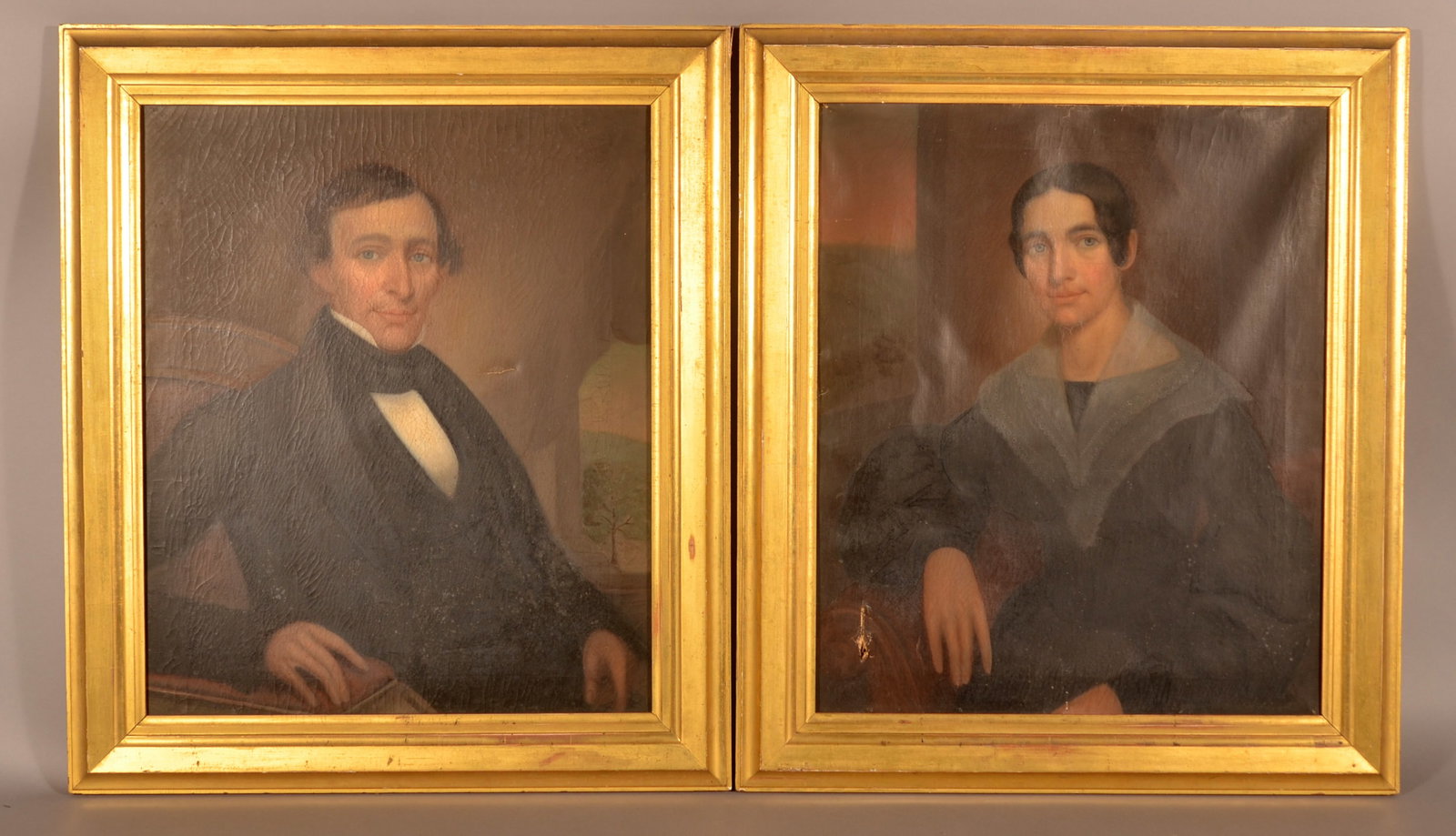 Pair of Jacob Eichholtz (Attrib.) Portraits.: Unsigned oil on canvas paintings. Inscribed on back of frames Benjamin Urban and Elisabeth Urban. In period gilt-molded frames, 38" H x 32-1/2" W overall.
