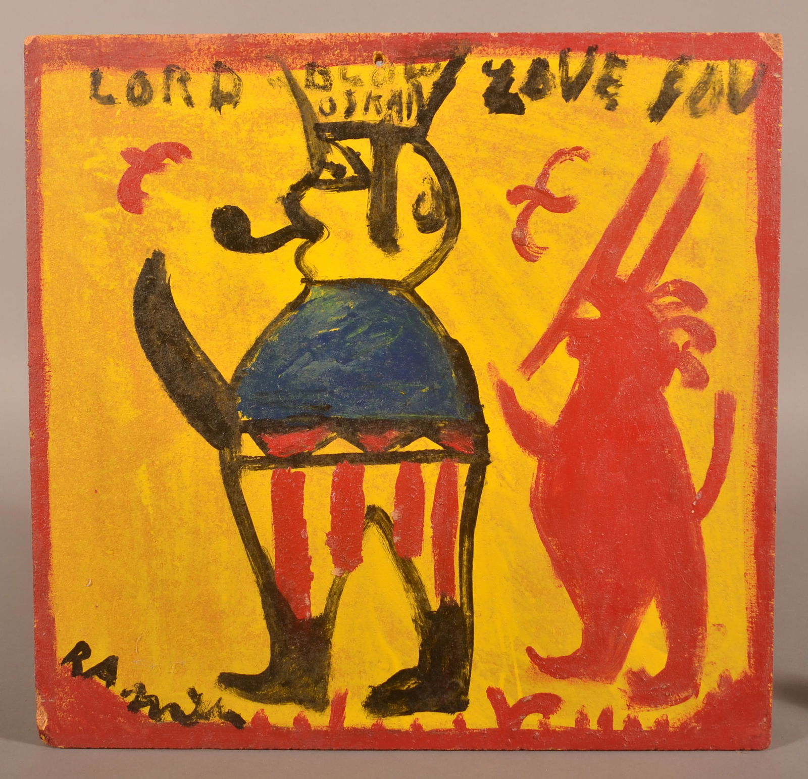 R.A. Miller Folk Art Painting on Particle Board. (1 of 3)