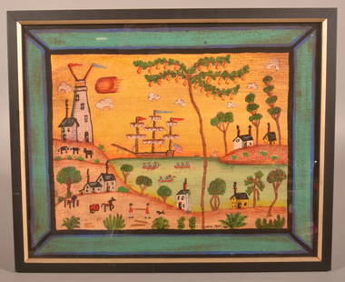 Bonnie Grilli PA Folk Art Oil on Artist Board.: Signed lower left "B. Grilli Painter" and titled lower right "New Port 1785". In a modern frame, 17-1/2" H x 21-1/2" W overall.