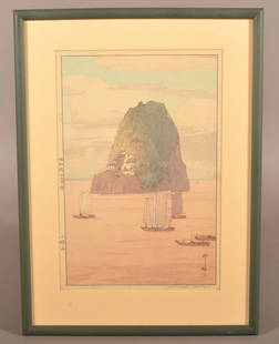 Hiroshi Yoshida "Shokuzan" 1930s Woodblock Print.: Japanese artist Yoshida made three sketching trips to China during the war. Hiroshi Shokozan (Xiaogushan) 1932. Chinese island of Xiaogushan rises steeply against the brownish waters of the surroundin