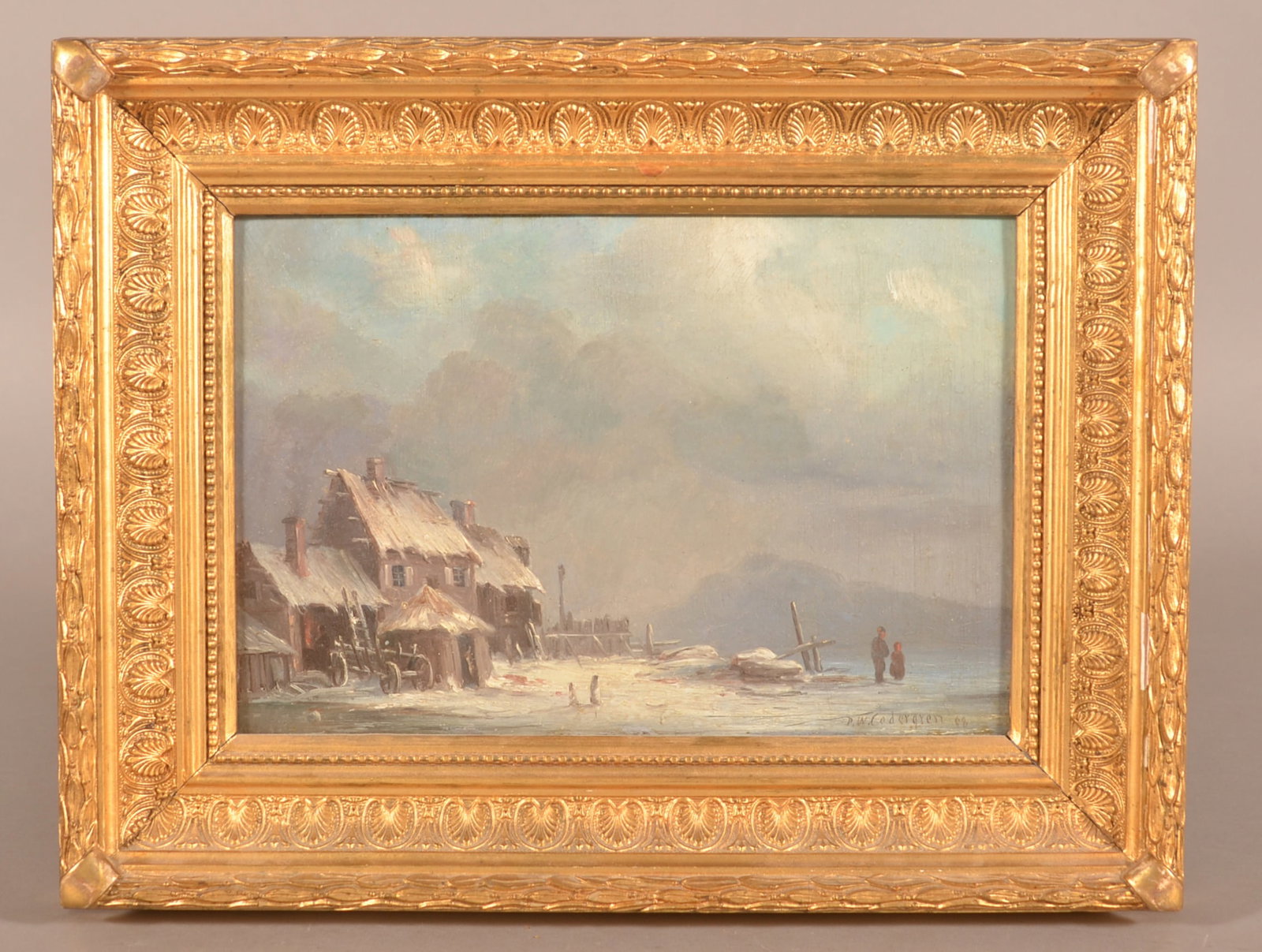 D.W. Codergren Winter Landscape Oil on Board.: Depicts people standing on a shore with cottage and mountains. Signed lower right. In a period ornate gilt frame, 13" H x 16" W overall.