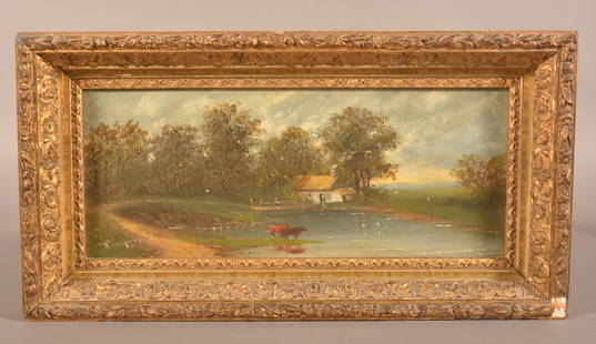 Wm. Creagmile Oil on Canvas Landscape Painting.: British school dated 1890. Signed lower left. Depicts cows in a pond with thatched roof cottage in background. In a period ornate gilt frame, 11" H x 21" W overall.