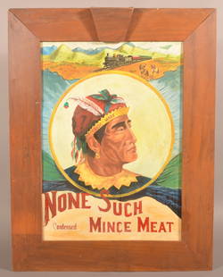 Painted Tin "None Such Mince Meat Sign.: Copied after an original tin lithograph sign. Depicts a Native American and locomotive scene. In a mitered mahogany frame, 36-1/2" H x 28-1/4" W overall.