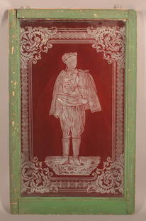 Acid Etched Ruby Glass Huntsman Windowpane.: Late 19th century. Full figure of a huntsman with a dagger in his belt, with ornate floral and foliate border. In a green painted wood frame, 32" H x 20" W overall.