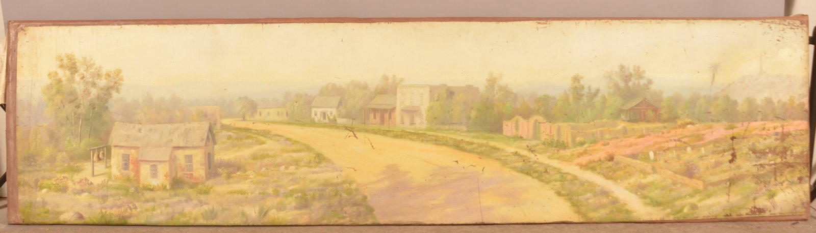 Vintage Western Village Scene Oil on Canvas.: Unsigned, large panoramic view depicting old town with central dirt road. 30" H x 109" W.