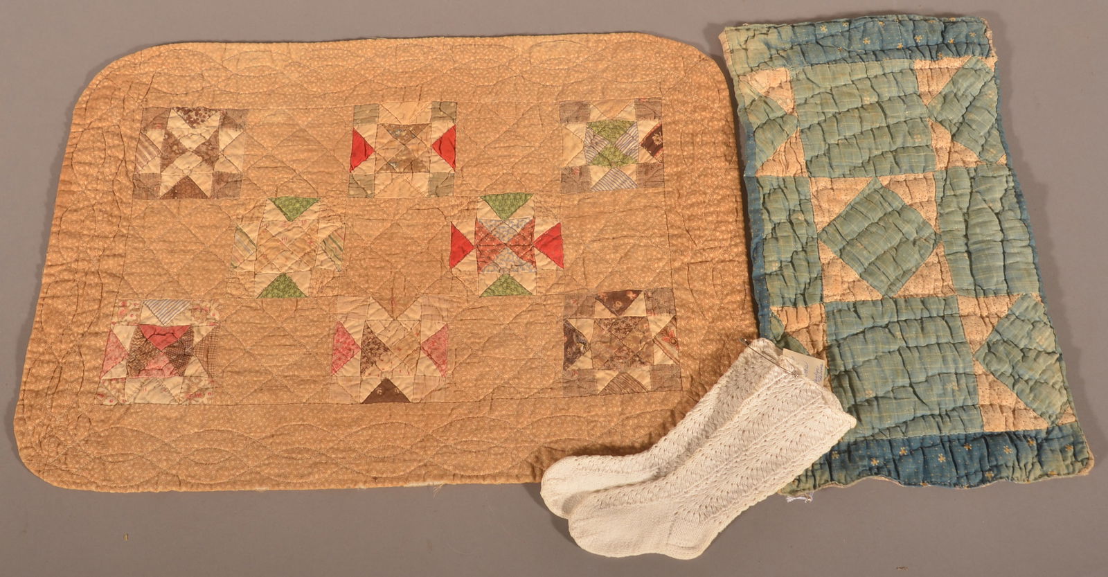 Two Antique Doll Quilts & a Pair of Child's Socks. (1 of 3)