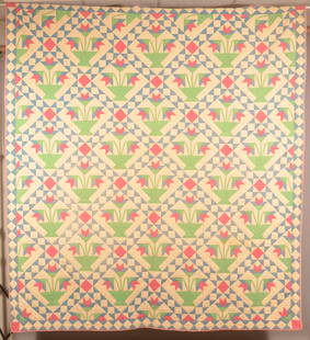 Colorful Antique Basket of Flowers Patchwork Quilt.: Diamond border with geometric quilting. 92" H x 100" W.