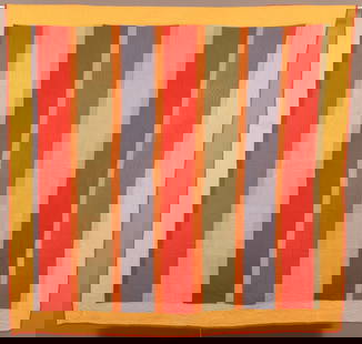 Antique Bars Pattern Patchwork Quilt.: Yellow and red border with printed checked backing. 70" square.