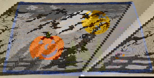 Very Fine Large Halloween Theme Hooked Rug.: Including full moon, jack-o-lantern, bats, etc. 46" H x 76" W