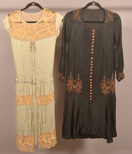 Two Antique Silk Ladies Dresses.: With needlework and lacework. 42" L and 46" L