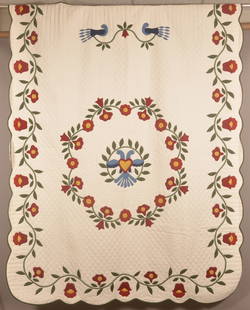 Modern Love Birds Pattern Applique Quilt.: Hand-stitched quilt with vine border and scalloped edge. 82" H x 102" W