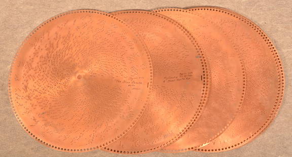 Lot of 13 Regina 20-3/4" Copper Music Discs.: Names of songs are listed in photos. 20-3/4" diam.