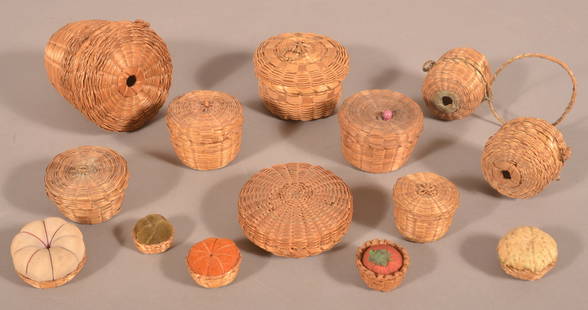Lot of Antique/Vintage Sweetgrass Sewing Baskets.: Including string holders and pin cushions. Largest, 5-1/2" H x 4-1/2" diam.
