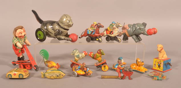 Lot of Vintage Tin Lithograph Toys.: Various makers. Some are wind-up toys. Largest, 7-3/4" L