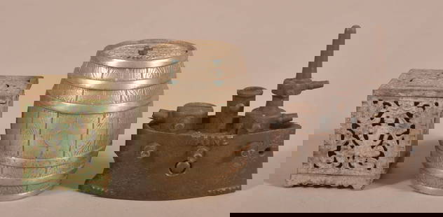 Three Antique Cast Iron Still Banks.: Battleship Maine by Gray Iron Casting Company. Kenton safe bank with blue paint, and White City No. 1 puzzle safe still bank manufactured by Nicole and Co. Maine, 4-3/4" H x 4-1/2" L x 2-1/2" W