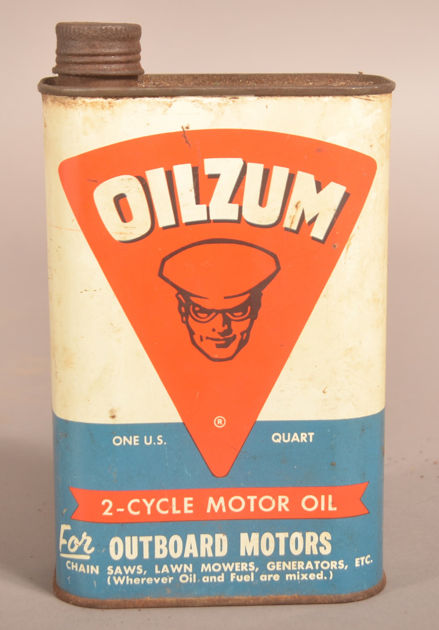 Oilzum Outboard Motor 1-Qt. Oil Tin.: Empty container, fairly unusual 2-cycle motor oil tin. 7-1/2" H x 4-1/2" W x 2-3/8" D