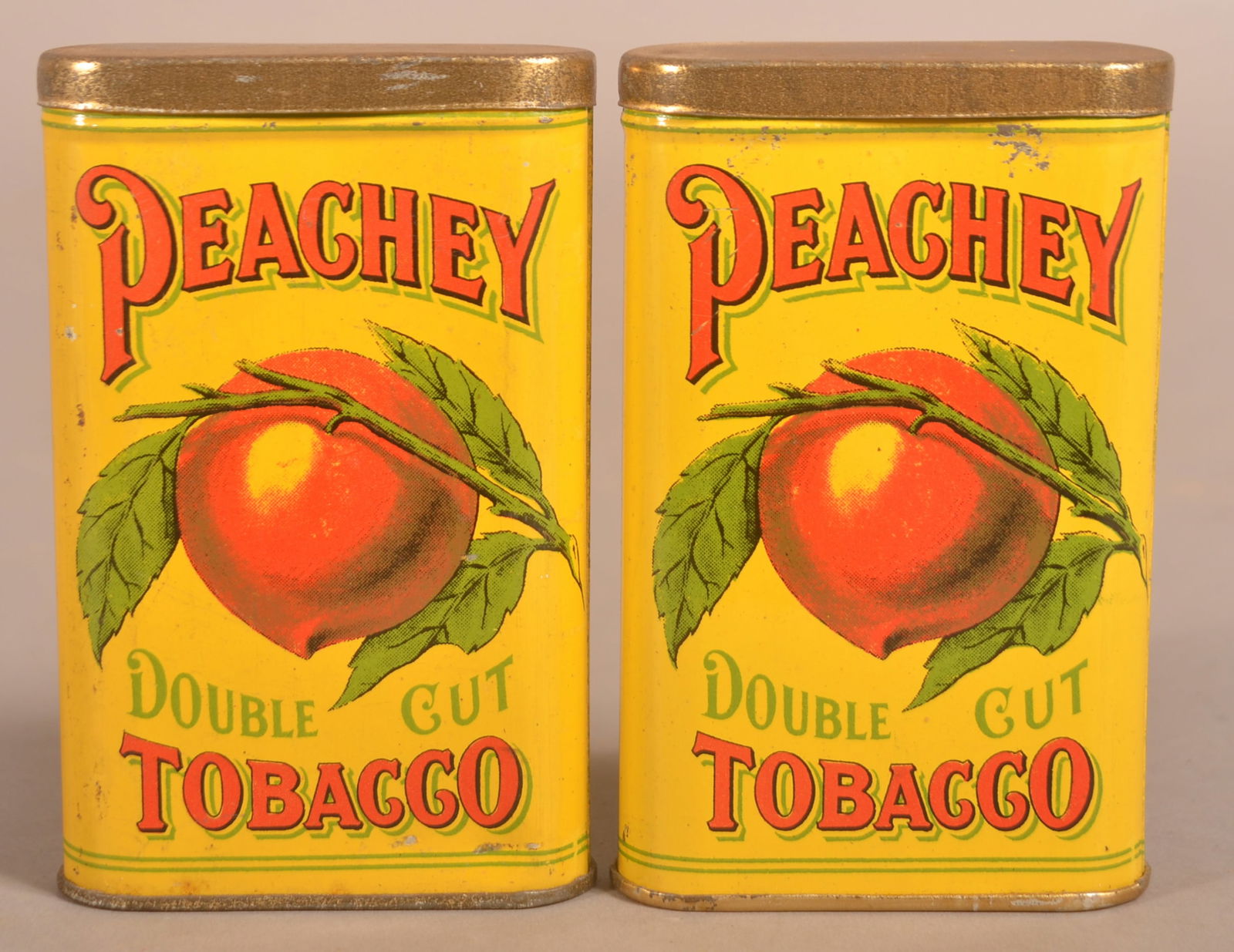 Pair of Peachey Tobacco Pocket Tins.: Strong color and gilt on this pair of tins. 4" H x 2-1/2" W x 1-3/4" D